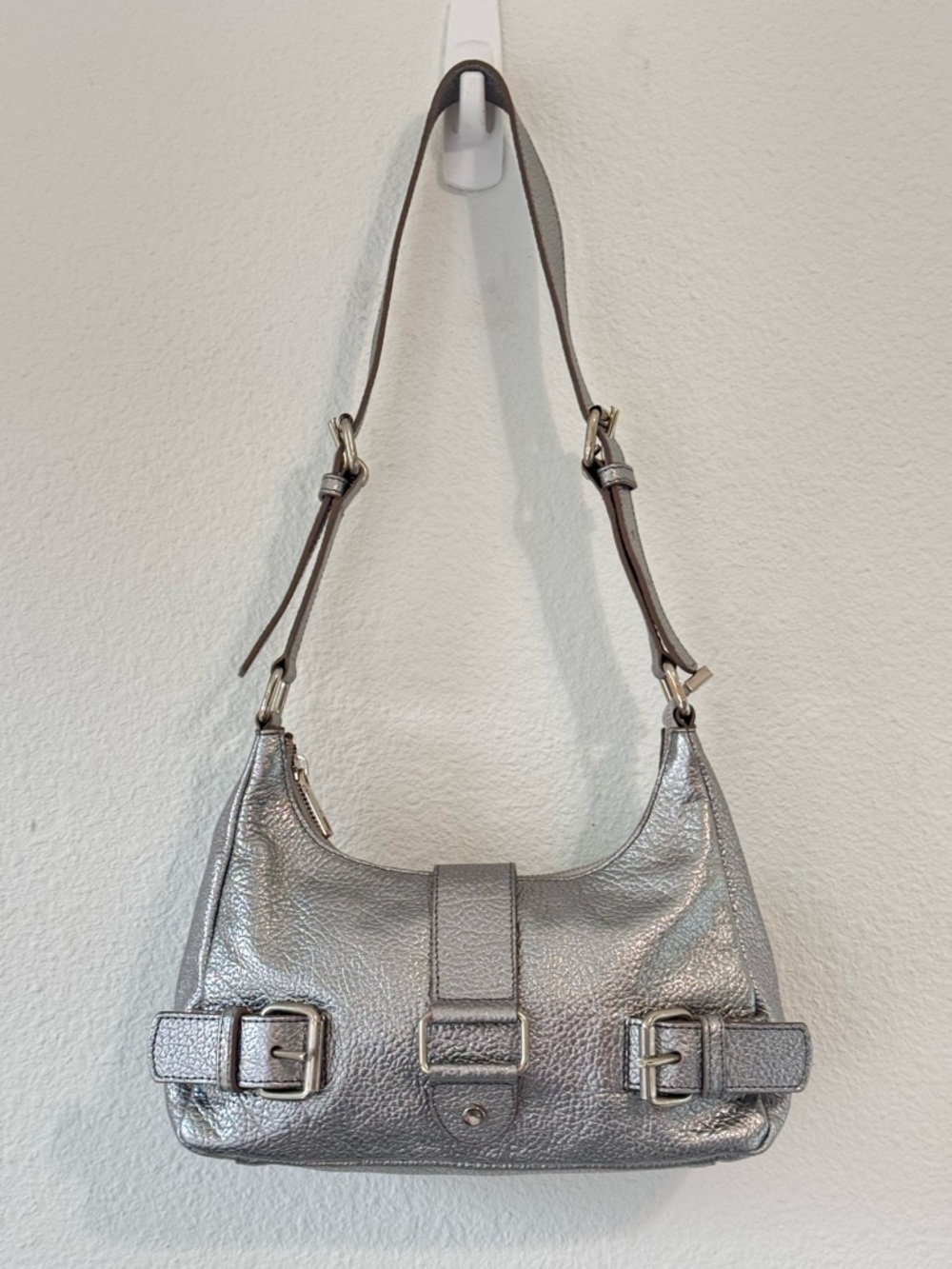 Prune x Gang Mini Bag Metallic Silver Shoulder Strap Buckles Pebbled Leather - Picture 2 of 13